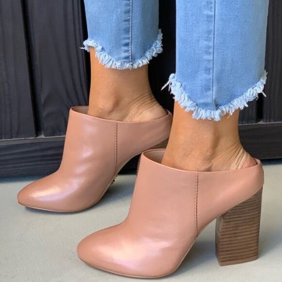 Pour La Victorie Mules Block High Heels Bootie Beige Leather Women's Sz 9.5 - Picture 2 of 11